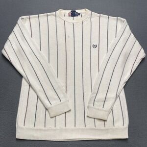 Chaps Ralph Lauren Sweater Mens Medium‎ White Stripe Crewneck Pullover Cotton